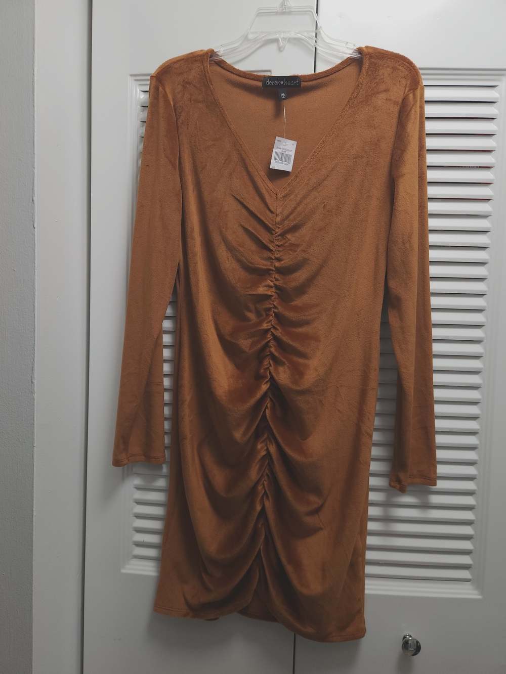 NWT Derek Heart Long Sleeve Ruched V-Neck Dress - Rust Brown XL